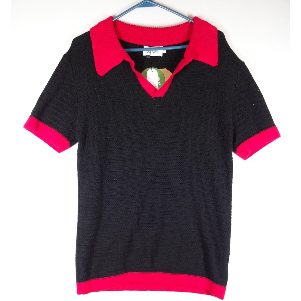 Oxknit Polo Shirt Mens Medium Black Red Retro 60s 70s Style Textured Knit New